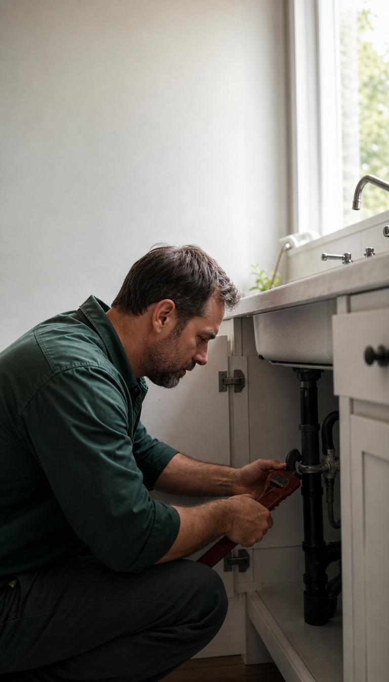 Blaine's plumber in a dark green work shirt repairing pipes under a residential kitchen sink